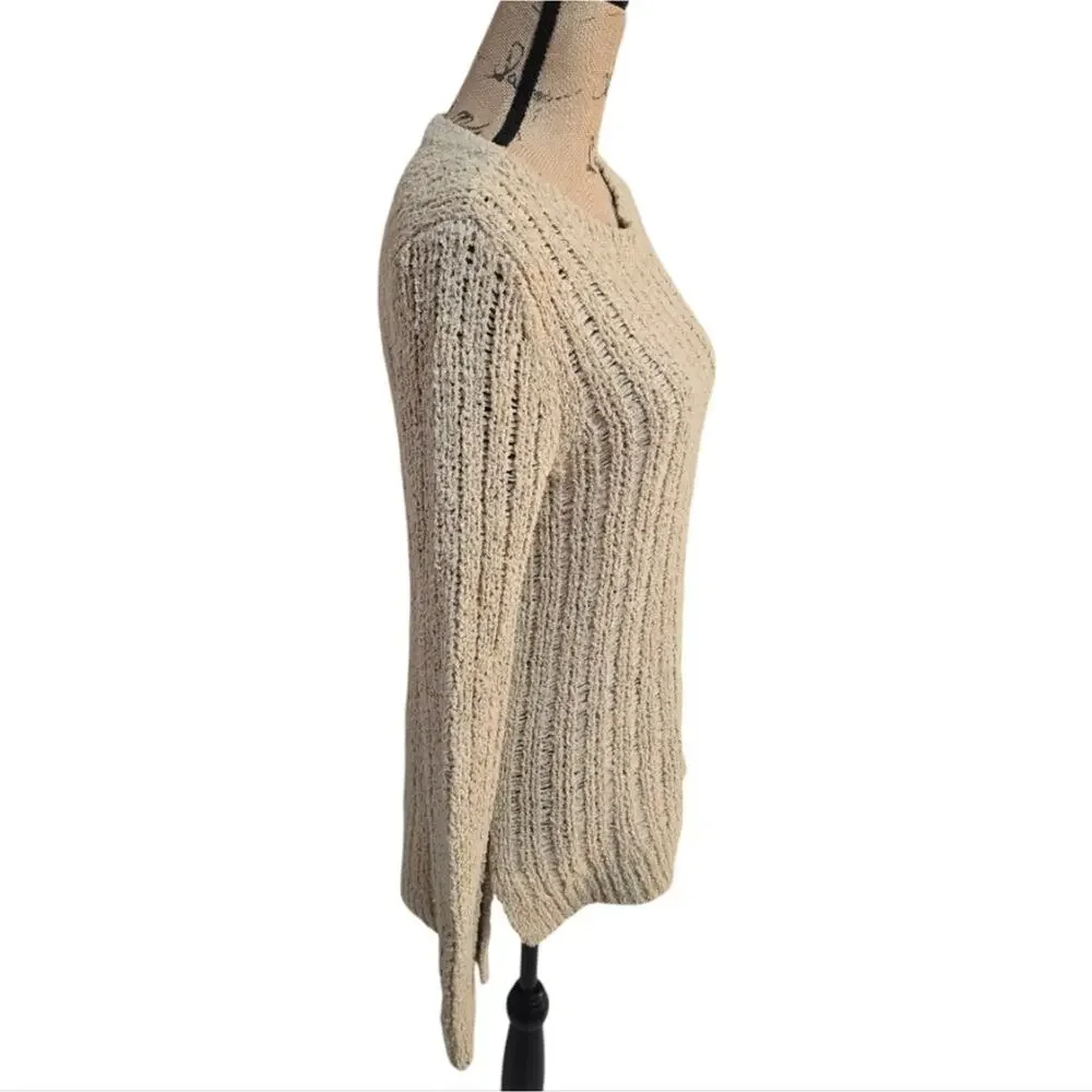 Michael Kors Wheat Beige Open Weave Boho Cozy‎ Pop Over Sweater Size Large
